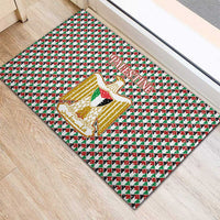 Palestine Christmas Rubber Doormat with Red-Green Pattern, Golden Eagle Emblem, and Jesus Holding Flag Motif - Wonder Print Shop
