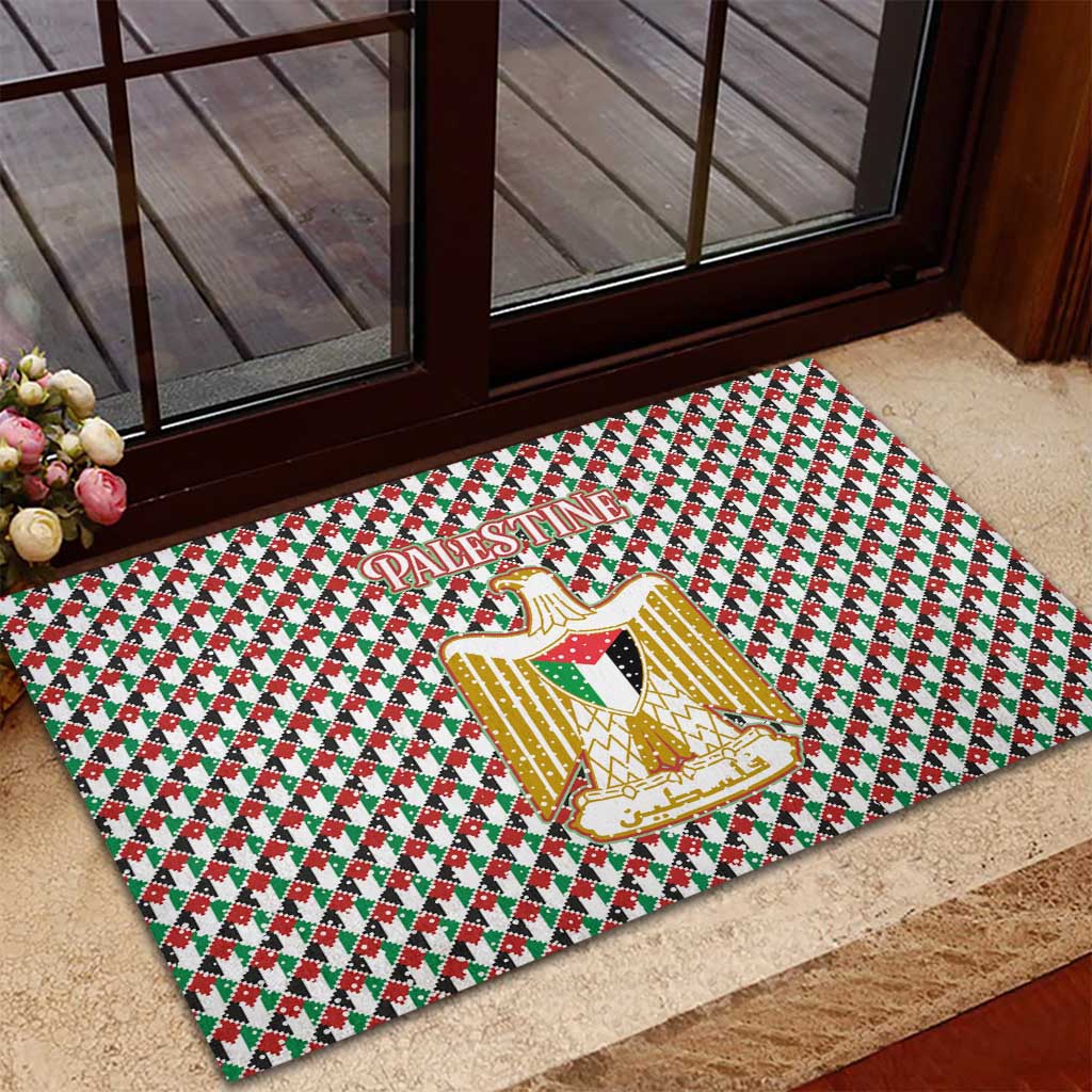 Palestine Christmas Rubber Doormat with Red-Green Pattern, Golden Eagle Emblem, and Jesus Holding Flag Motif - Wonder Print Shop