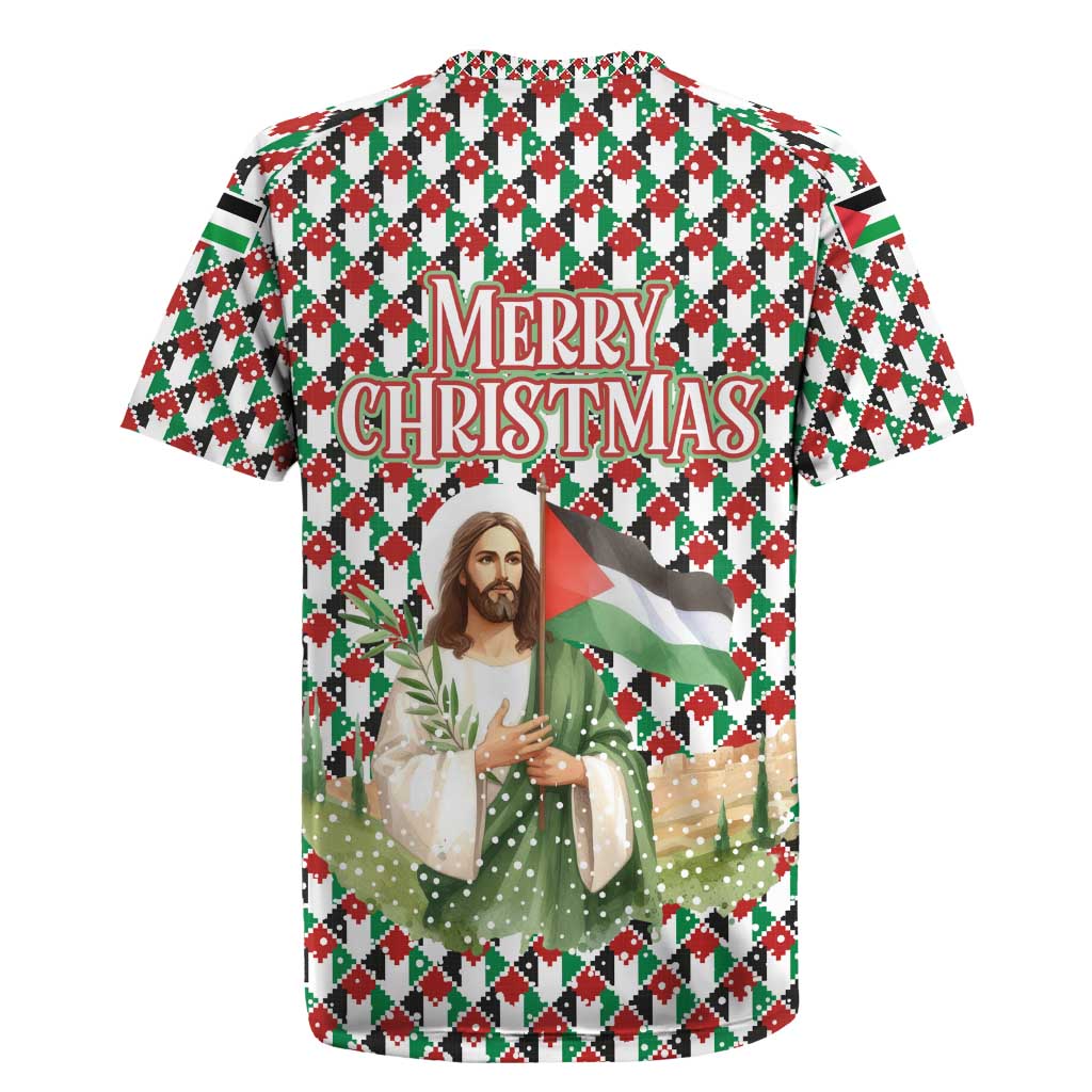 Palestine Christmas Rugby Jersey with Red-Green Pattern, Golden Eagle Emblem, and Jesus Holding Flag Motif - Wonder Print Shop