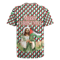 Palestine Christmas Rugby Jersey with Red-Green Pattern, Golden Eagle Emblem, and Jesus Holding Flag Motif - Wonder Print Shop