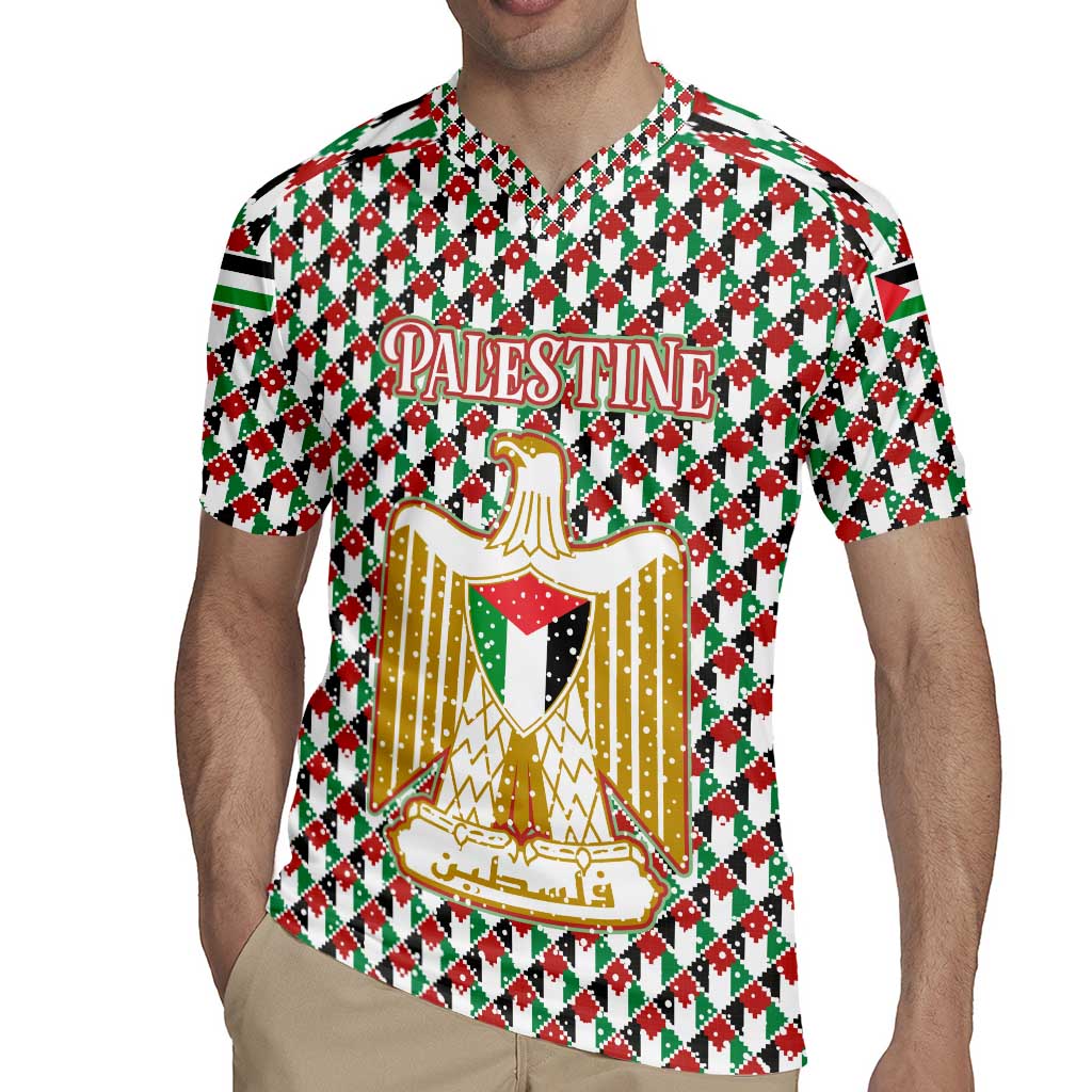 Palestine Christmas Rugby Jersey with Red-Green Pattern, Golden Eagle Emblem, and Jesus Holding Flag Motif - Wonder Print Shop