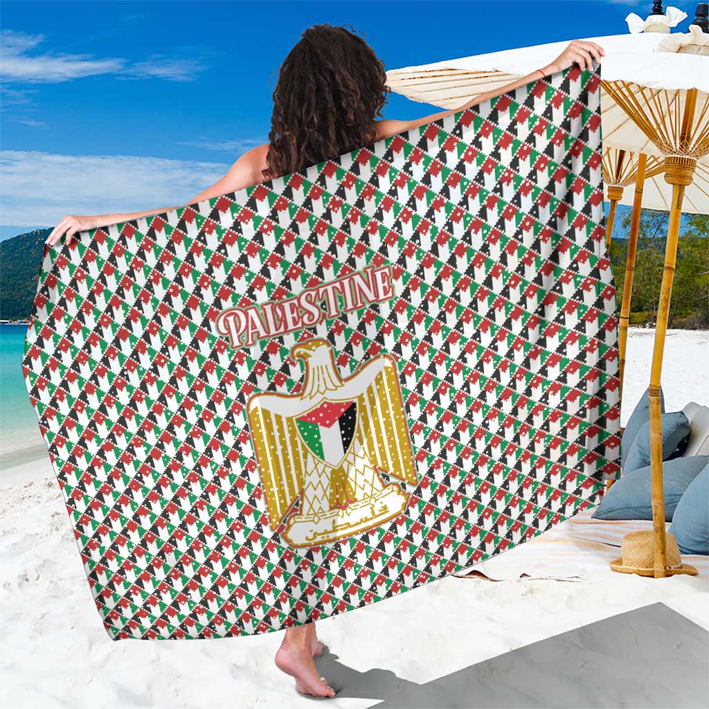 Palestine Christmas Sarong with Red-Green Pattern, Golden Eagle Emblem, and Jesus Holding Flag Motif - Wonder Print Shop