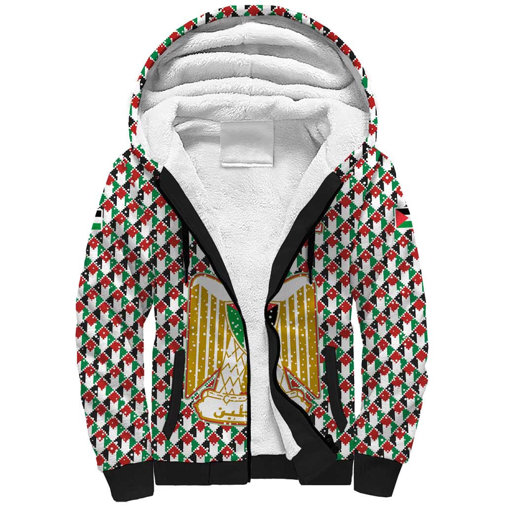 Palestine Christmas Sherpa Hoodie with Red-Green Pattern, Golden Eagle Emblem, and Jesus Holding Flag Motif - Wonder Print Shop