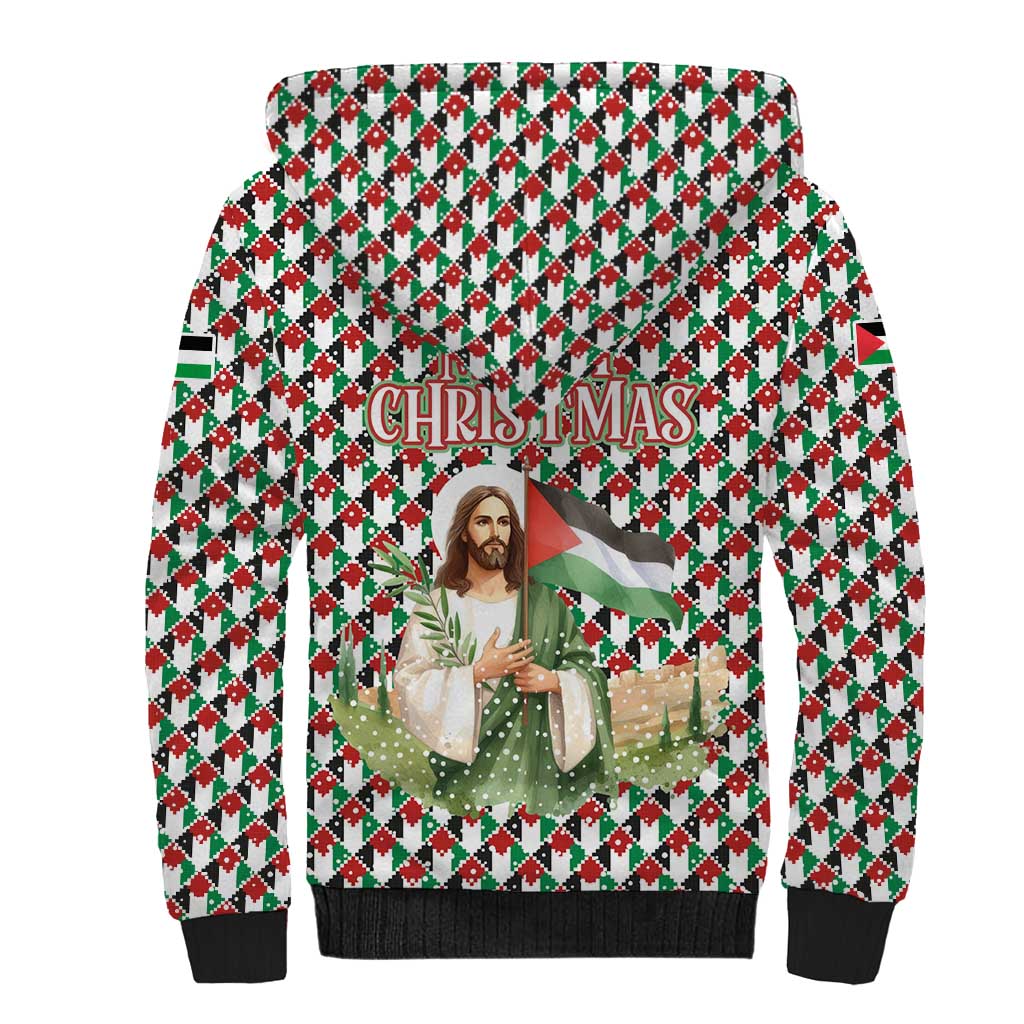 Palestine Christmas Sherpa Hoodie with Red-Green Pattern, Golden Eagle Emblem, and Jesus Holding Flag Motif - Wonder Print Shop