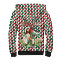 Palestine Christmas Sherpa Hoodie with Red-Green Pattern, Golden Eagle Emblem, and Jesus Holding Flag Motif - Wonder Print Shop