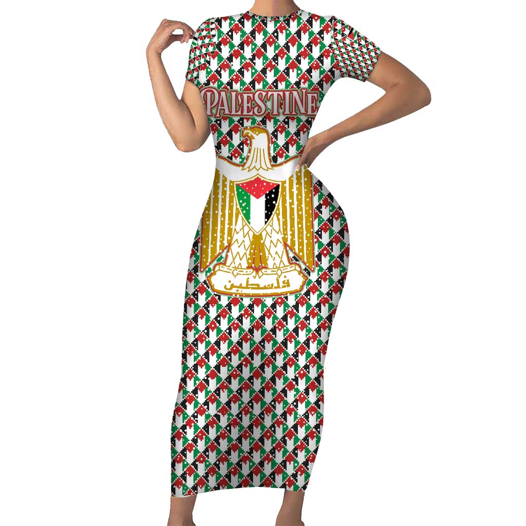 Palestine Christmas Short Sleeve Bodycon Dress with Red-Green Pattern, Golden Eagle Emblem, and Jesus Holding Flag Motif - Wonder Print Shop