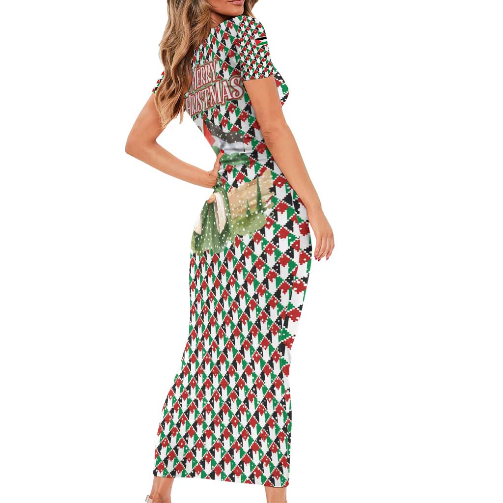 Palestine Christmas Short Sleeve Bodycon Dress with Red-Green Pattern, Golden Eagle Emblem, and Jesus Holding Flag Motif - Wonder Print Shop