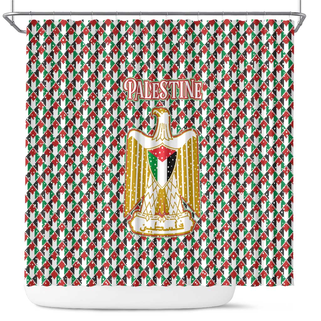 Palestine Christmas Shower Curtain with Red-Green Pattern, Golden Eagle Emblem, and Jesus Holding Flag Motif - Wonder Print Shop