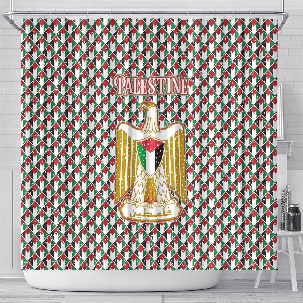 Palestine Christmas Shower Curtain with Red-Green Pattern, Golden Eagle Emblem, and Jesus Holding Flag Motif - Wonder Print Shop
