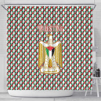 Palestine Christmas Shower Curtain with Red-Green Pattern, Golden Eagle Emblem, and Jesus Holding Flag Motif - Wonder Print Shop