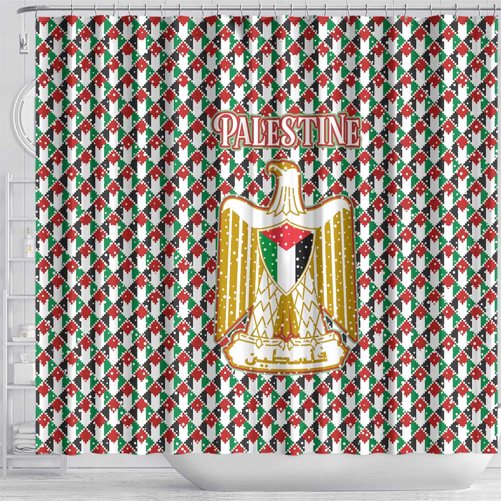 Palestine Christmas Shower Curtain with Red-Green Pattern, Golden Eagle Emblem, and Jesus Holding Flag Motif - Wonder Print Shop