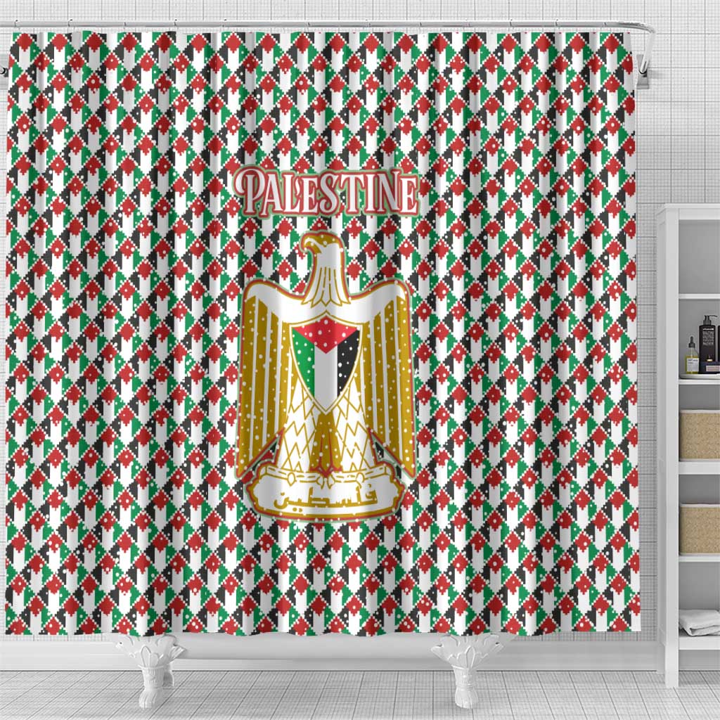 Palestine Christmas Shower Curtain with Red-Green Pattern, Golden Eagle Emblem, and Jesus Holding Flag Motif - Wonder Print Shop