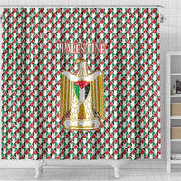 Palestine Christmas Shower Curtain with Red-Green Pattern, Golden Eagle Emblem, and Jesus Holding Flag Motif - Wonder Print Shop