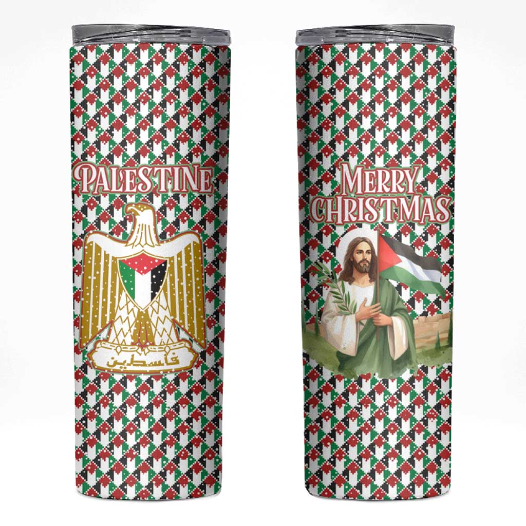 Palestine Christmas Skinny Tumbler with Red-Green Pattern, Golden Eagle Emblem, and Jesus Holding Flag Motif - Wonder Print Shop