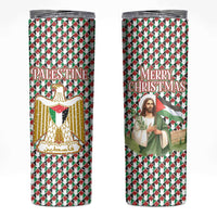 Palestine Christmas Skinny Tumbler with Red-Green Pattern, Golden Eagle Emblem, and Jesus Holding Flag Motif - Wonder Print Shop