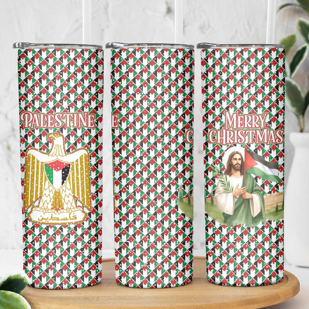 Palestine Christmas Skinny Tumbler with Red-Green Pattern, Golden Eagle Emblem, and Jesus Holding Flag Motif - Wonder Print Shop