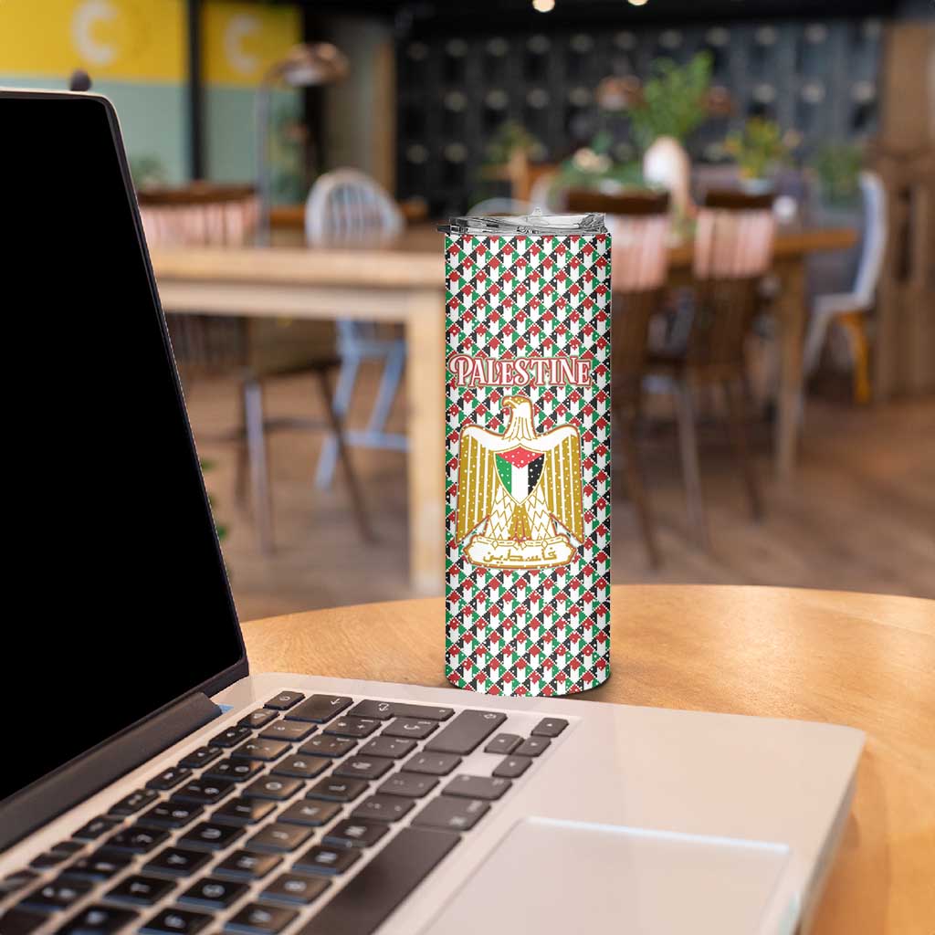 Palestine Christmas Skinny Tumbler with Red-Green Pattern, Golden Eagle Emblem, and Jesus Holding Flag Motif - Wonder Print Shop