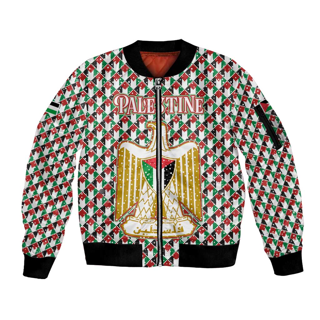 Palestine Christmas Sleeve Zip Bomber Jacket with Red-Green Pattern, Golden Eagle Emblem, and Jesus Holding Flag Motif - Wonder Print Shop