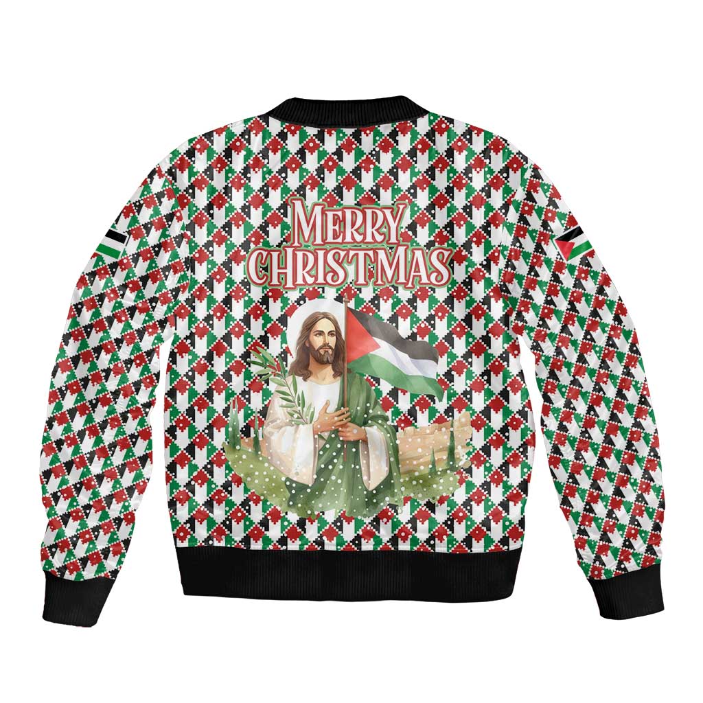 Palestine Christmas Sleeve Zip Bomber Jacket with Red-Green Pattern, Golden Eagle Emblem, and Jesus Holding Flag Motif - Wonder Print Shop