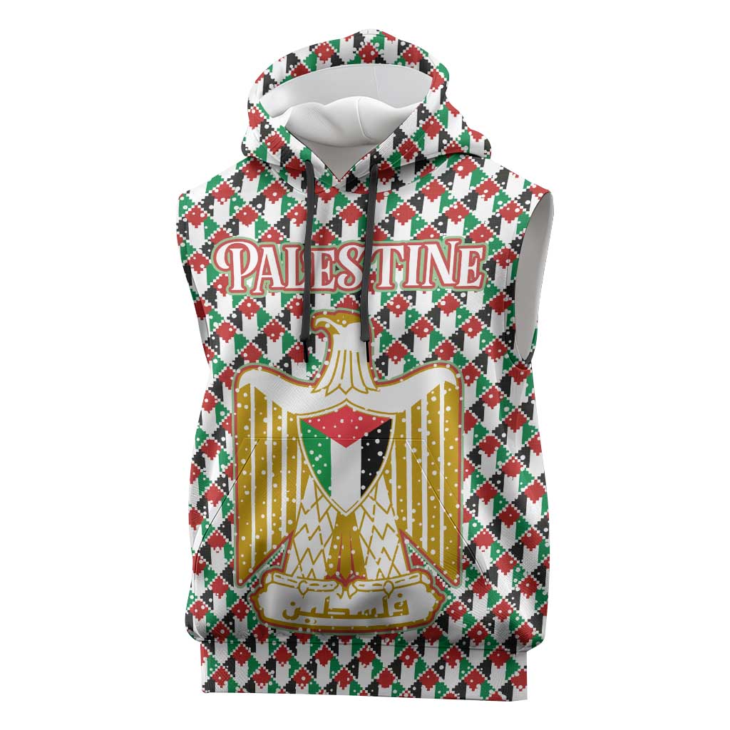 Palestine Christmas Sleeveless Hoodie with Red-Green Pattern, Golden Eagle Emblem, and Jesus Holding Flag Motif - Wonder Print Shop