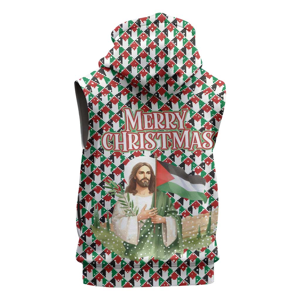 Palestine Christmas Sleeveless Hoodie with Red-Green Pattern, Golden Eagle Emblem, and Jesus Holding Flag Motif - Wonder Print Shop