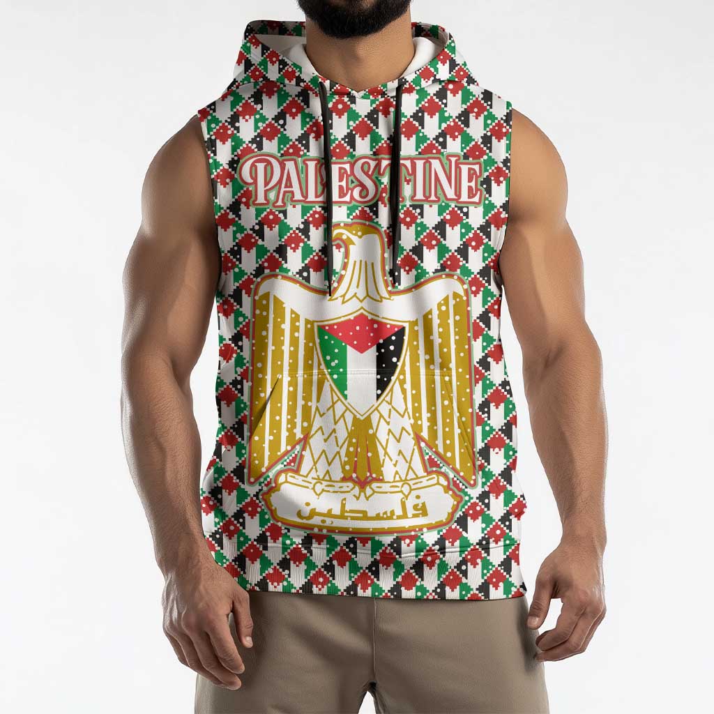 Palestine Christmas Sleeveless Hoodie with Red-Green Pattern, Golden Eagle Emblem, and Jesus Holding Flag Motif - Wonder Print Shop