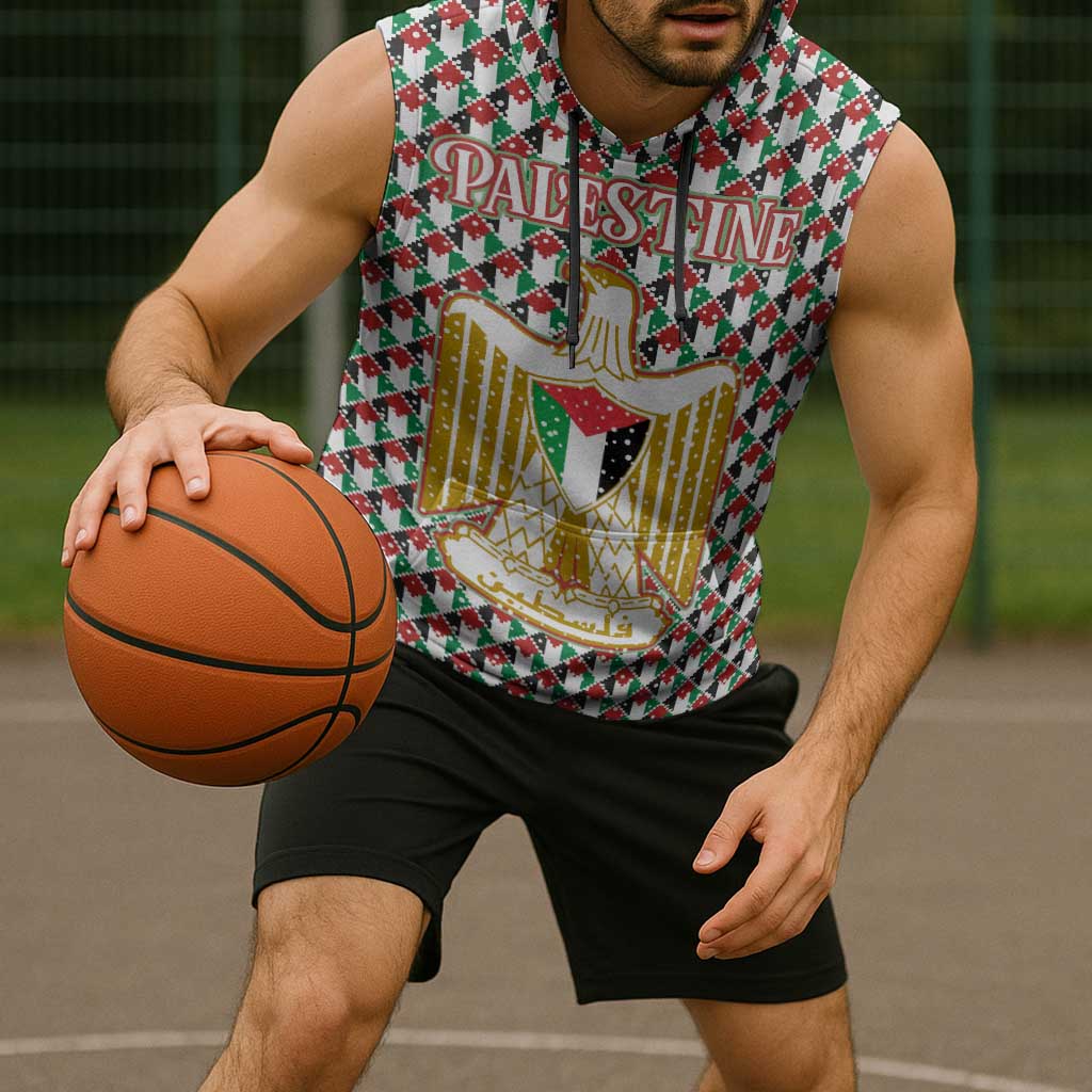 Palestine Christmas Sleeveless Hoodie with Red-Green Pattern, Golden Eagle Emblem, and Jesus Holding Flag Motif - Wonder Print Shop
