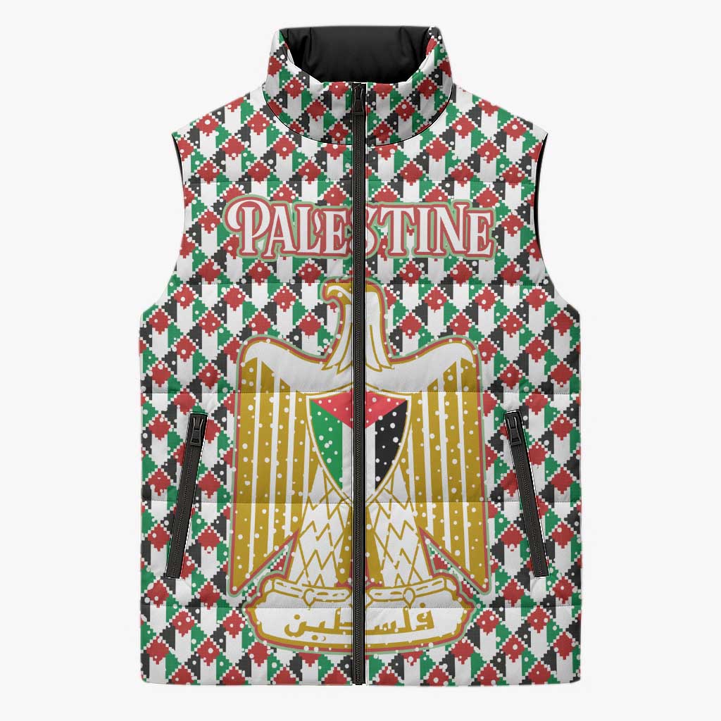 Palestine Christmas Sleeveless Puffer Jacket with Red-Green Pattern, Golden Eagle Emblem, and Jesus Holding Flag Motif - Wonder Print Shop