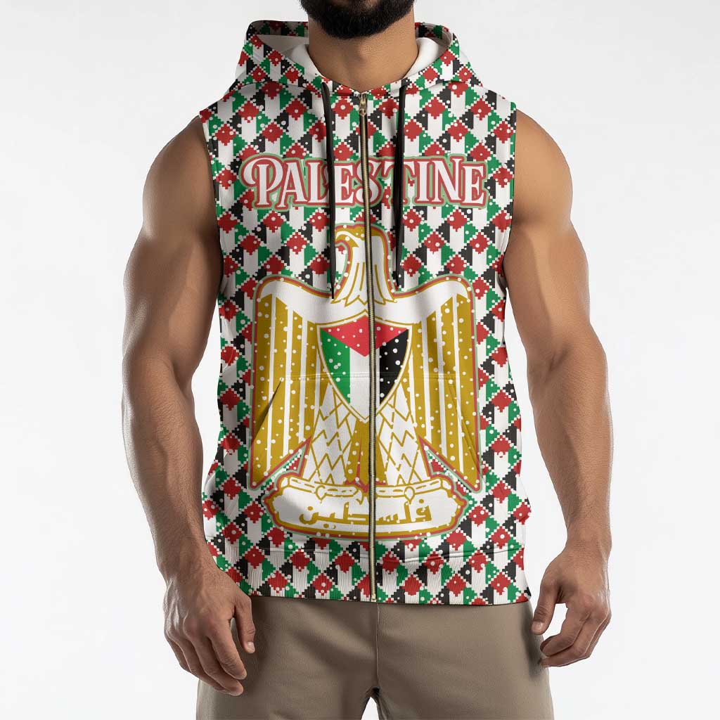 Palestine Christmas Sleeveless Zip Hoodie with Red-Green Pattern, Golden Eagle Emblem, and Jesus Holding Flag Motif - Wonder Print Shop