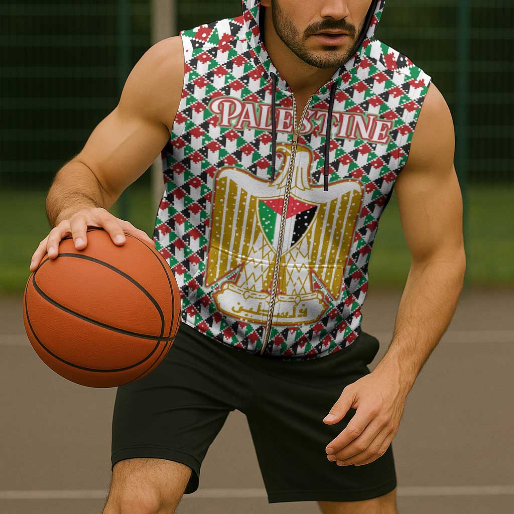 Palestine Christmas Sleeveless Zip Hoodie with Red-Green Pattern, Golden Eagle Emblem, and Jesus Holding Flag Motif - Wonder Print Shop