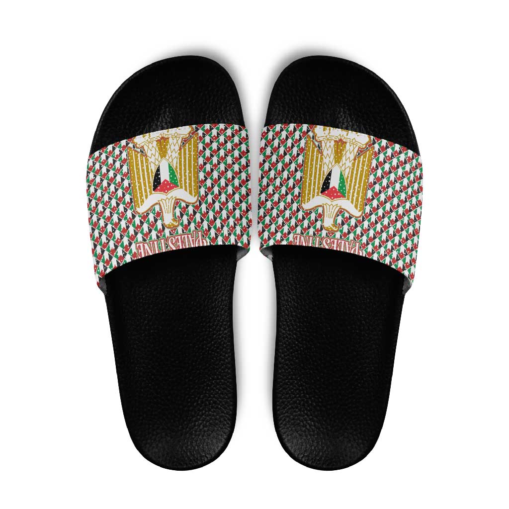 Palestine Christmas Slide Sandals with Red-Green Pattern, Golden Eagle Emblem, and Jesus Holding Flag Motif - Wonder Print Shop