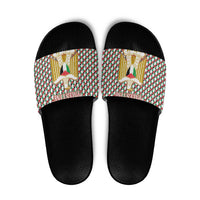 Palestine Christmas Slide Sandals with Red-Green Pattern, Golden Eagle Emblem, and Jesus Holding Flag Motif - Wonder Print Shop