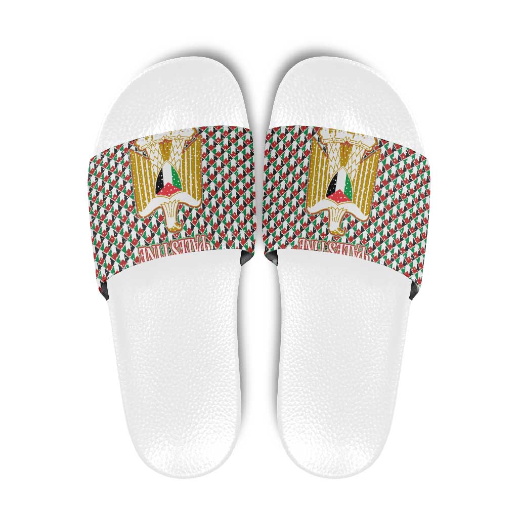 Palestine Christmas Slide Sandals with Red-Green Pattern, Golden Eagle Emblem, and Jesus Holding Flag Motif - Wonder Print Shop