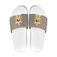 Palestine Christmas Slide Sandals with Red-Green Pattern, Golden Eagle Emblem, and Jesus Holding Flag Motif - Wonder Print Shop