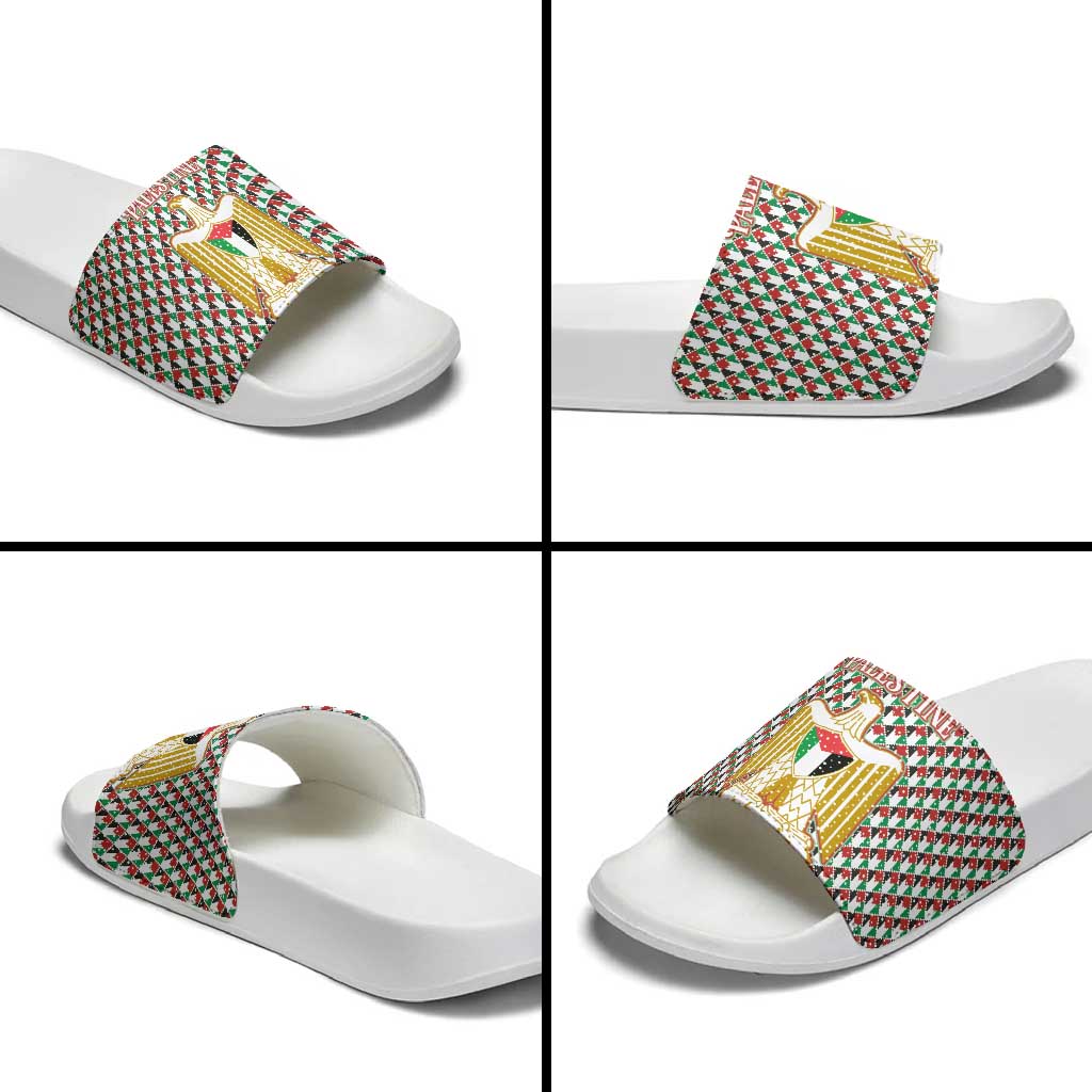 Palestine Christmas Slide Sandals with Red-Green Pattern, Golden Eagle Emblem, and Jesus Holding Flag Motif - Wonder Print Shop