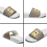 Palestine Christmas Slide Sandals with Red-Green Pattern, Golden Eagle Emblem, and Jesus Holding Flag Motif - Wonder Print Shop