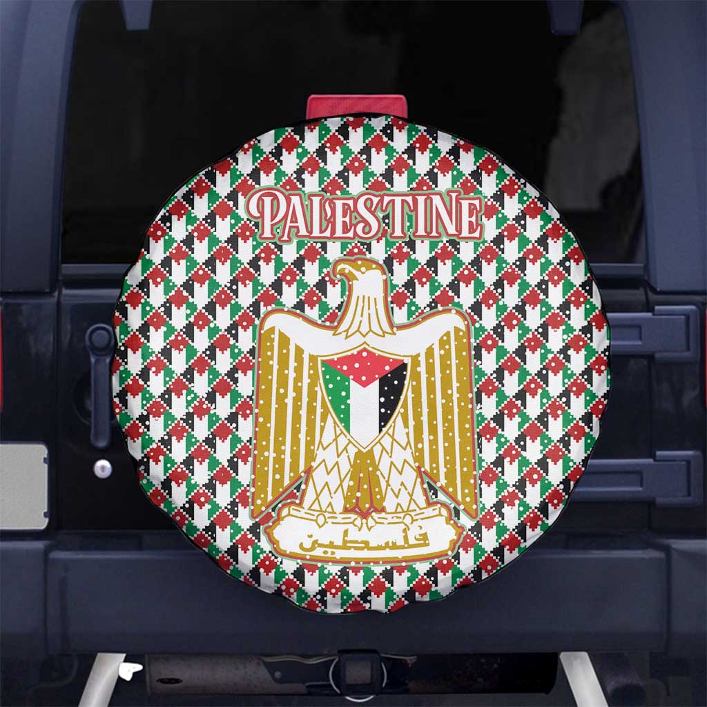 Palestine Christmas Spare Tire Cover with Red-Green Pattern, Golden Eagle Emblem, and Jesus Holding Flag Motif - Wonder Print Shop