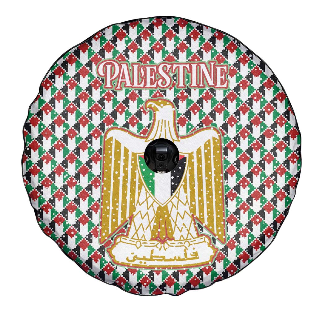 Palestine Christmas Spare Tire Cover with Red-Green Pattern, Golden Eagle Emblem, and Jesus Holding Flag Motif - Wonder Print Shop