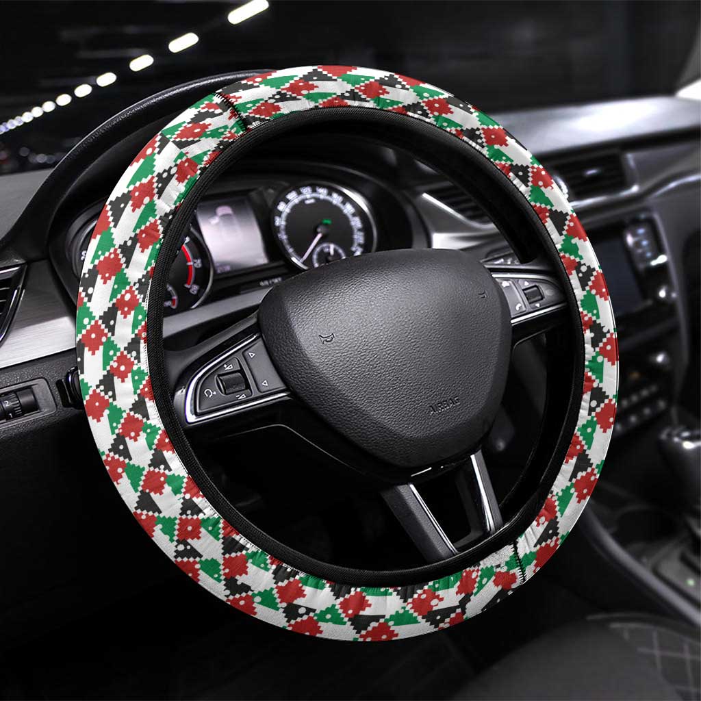 Palestine Christmas Steering Wheel Cover with Red-Green Pattern, Golden Eagle Emblem, and Jesus Holding Flag Motif - Wonder Print Shop