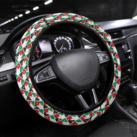 Palestine Christmas Steering Wheel Cover with Red-Green Pattern, Golden Eagle Emblem, and Jesus Holding Flag Motif - Wonder Print Shop