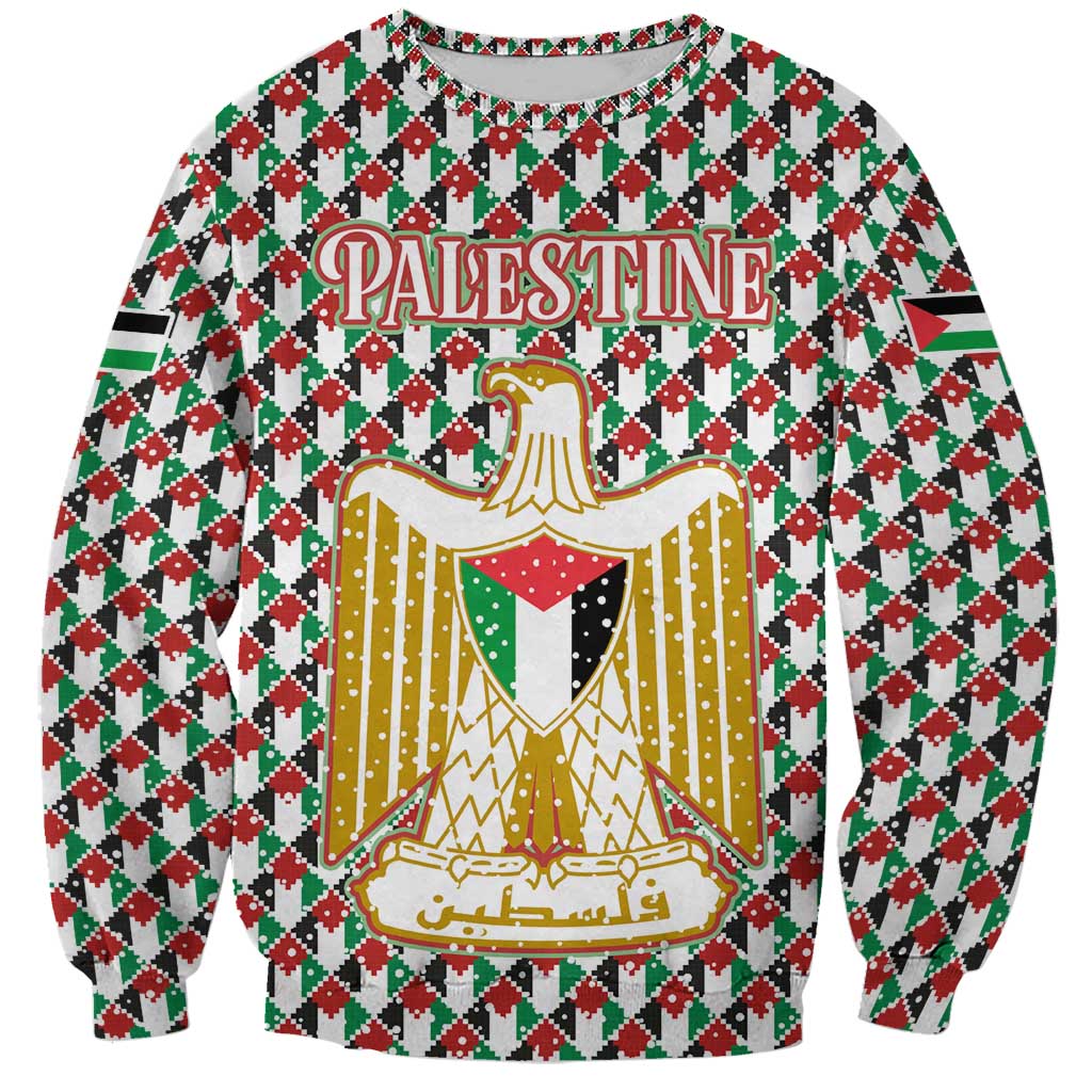 Palestine Christmas Sweatshirt with Red-Green Pattern, Golden Eagle Emblem, and Jesus Holding Flag Motif - Wonder Print Shop
