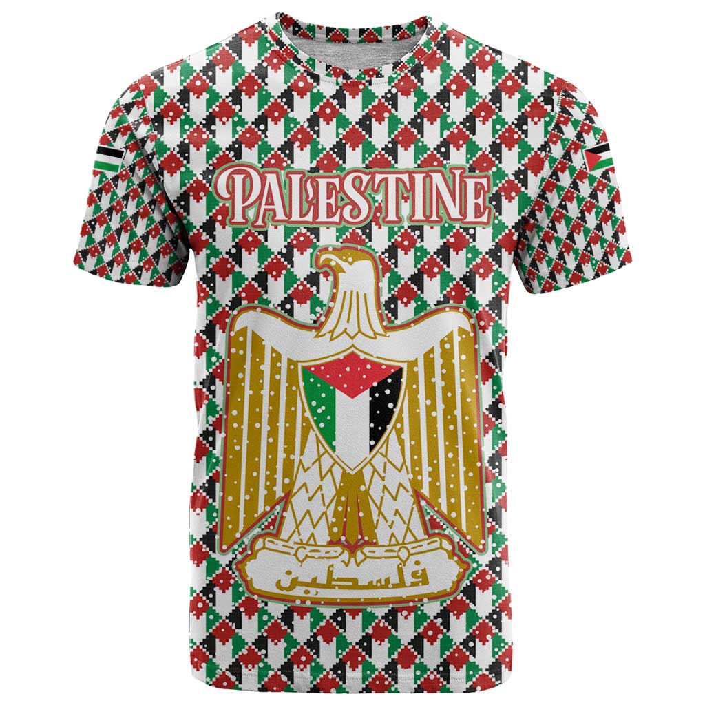 Palestine Christmas T Shirt with Red-Green Pattern, Golden Eagle Emblem, and Jesus Holding Flag Motif - Wonder Print Shop