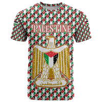 Palestine Christmas T Shirt with Red-Green Pattern, Golden Eagle Emblem, and Jesus Holding Flag Motif - Wonder Print Shop