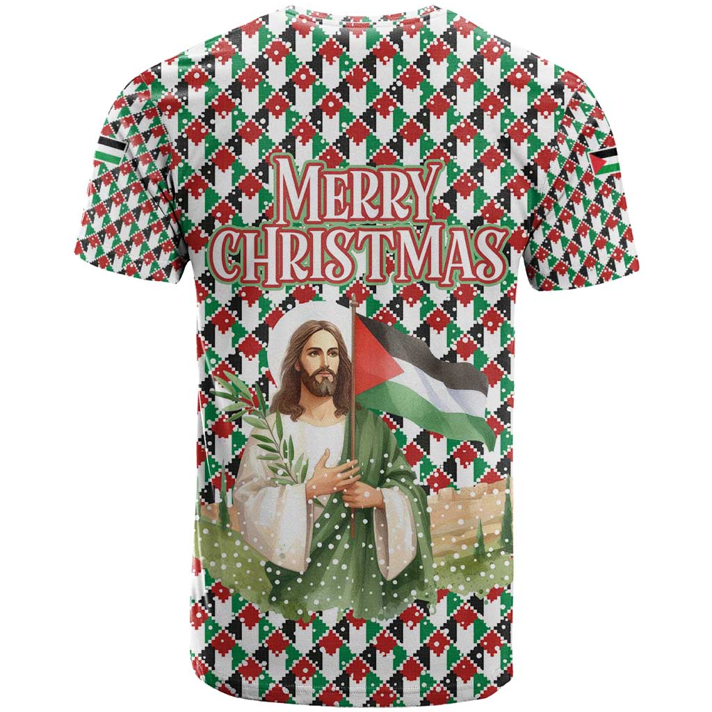 Palestine Christmas T Shirt with Red-Green Pattern, Golden Eagle Emblem, and Jesus Holding Flag Motif - Wonder Print Shop