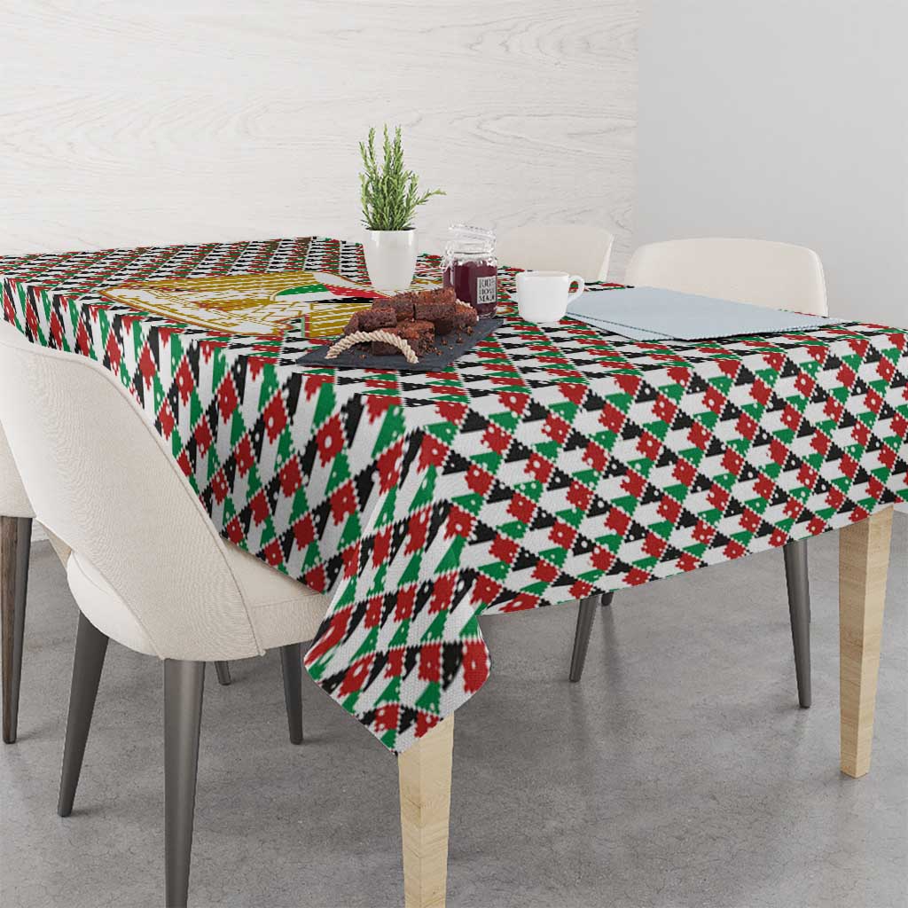 Palestine Christmas Tablecloth with Red-Green Pattern, Golden Eagle Emblem, and Jesus Holding Flag Motif - Wonder Print Shop