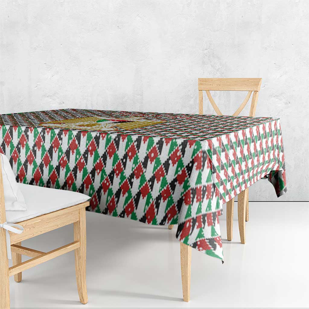 Palestine Christmas Tablecloth with Red-Green Pattern, Golden Eagle Emblem, and Jesus Holding Flag Motif - Wonder Print Shop