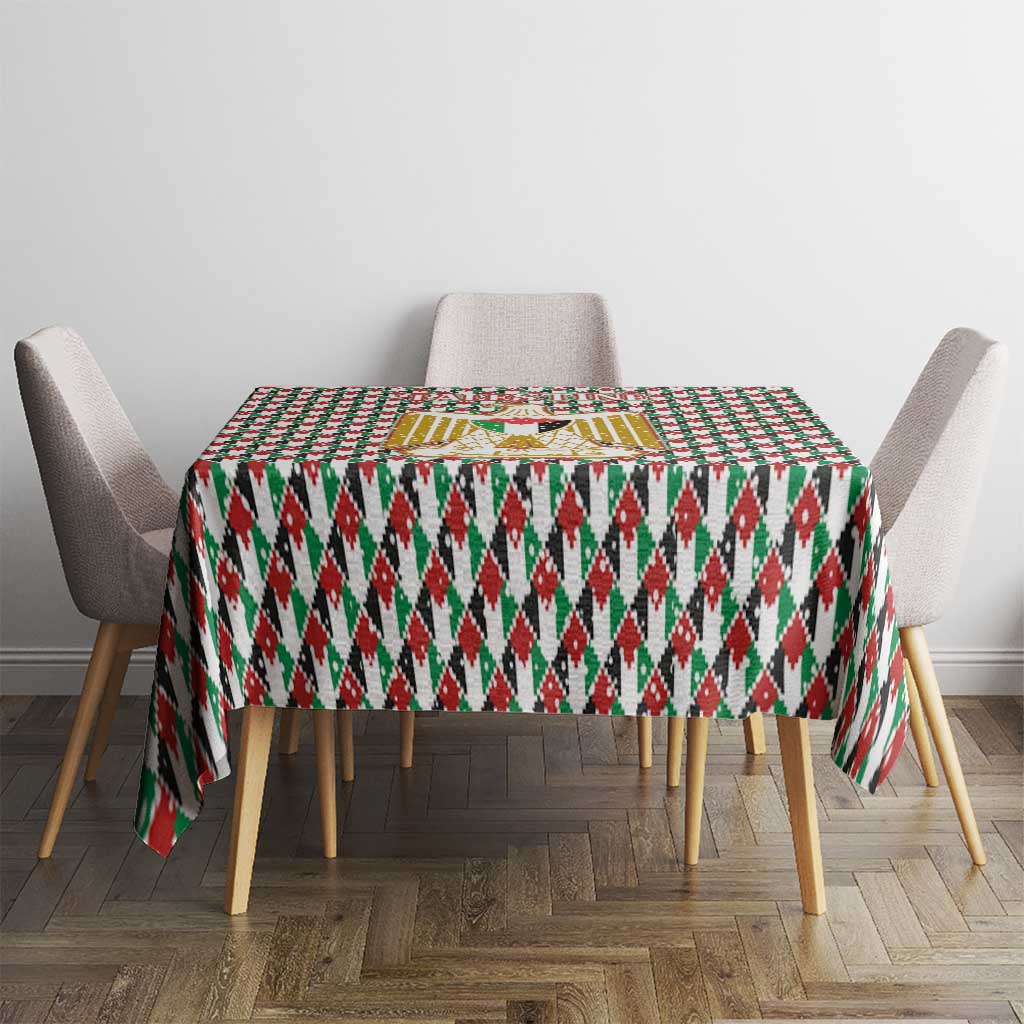 Palestine Christmas Tablecloth with Red-Green Pattern, Golden Eagle Emblem, and Jesus Holding Flag Motif - Wonder Print Shop