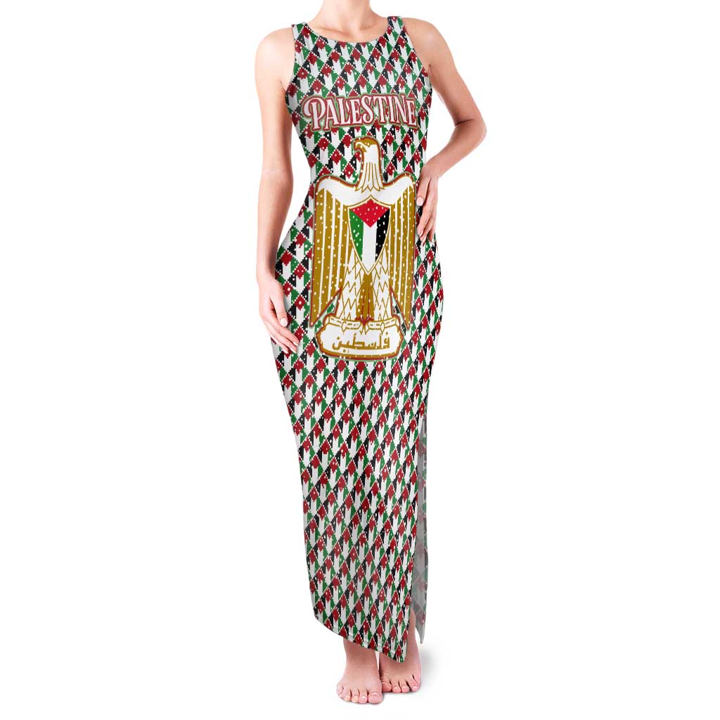 Palestine Christmas Tank Maxi Dress with Red-Green Pattern, Golden Eagle Emblem, and Jesus Holding Flag Motif - Wonder Print Shop