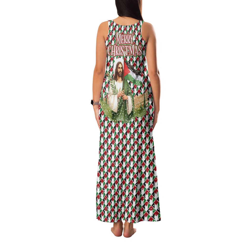 Palestine Christmas Tank Maxi Dress with Red-Green Pattern, Golden Eagle Emblem, and Jesus Holding Flag Motif - Wonder Print Shop