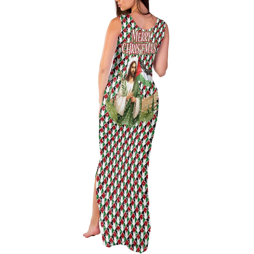 Palestine Christmas Tank Maxi Dress with Red-Green Pattern, Golden Eagle Emblem, and Jesus Holding Flag Motif - Wonder Print Shop